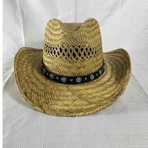 Broner Womens Straw Cowboy Hat Turquoise Studded Band Tan Western One Size